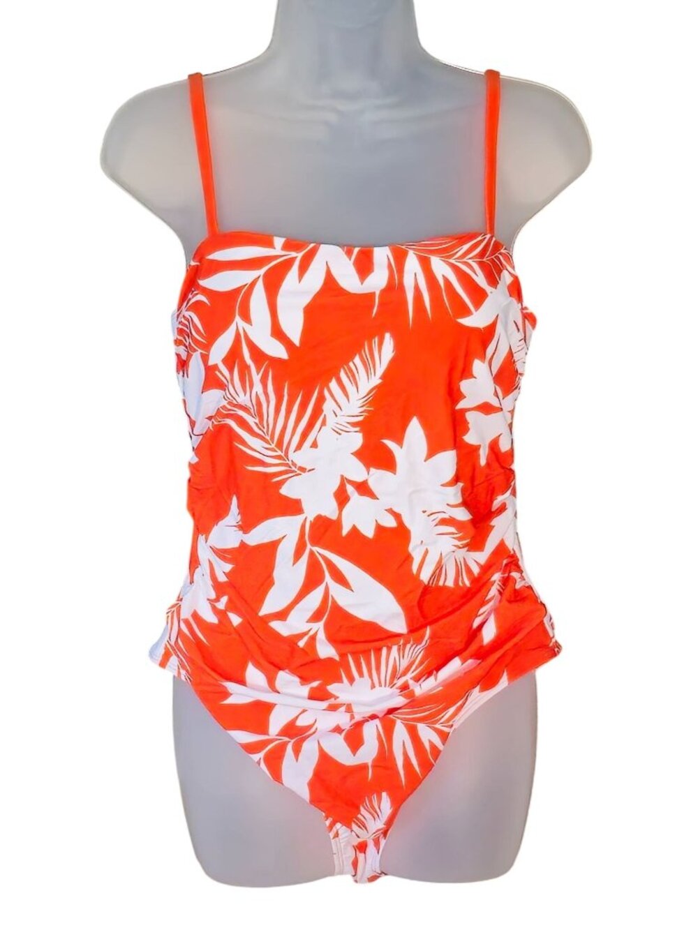 Tropical Print One-Piece Swimsuit L Orange White Ruched Adjustable Square Neck - Picture 1 of 10